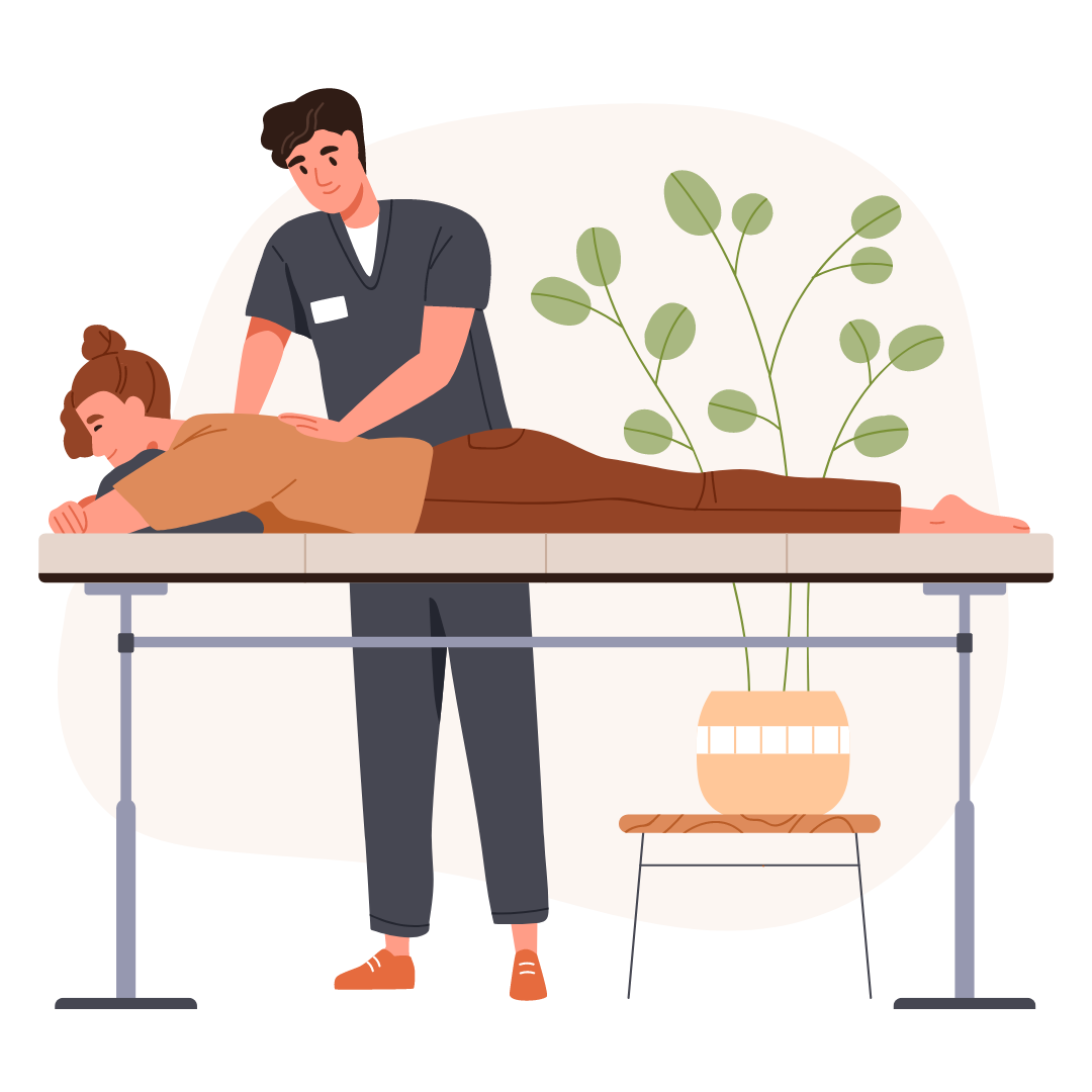 Physiotherapeut führt eine manuelle Therapie am Rücken einer Patientin durch