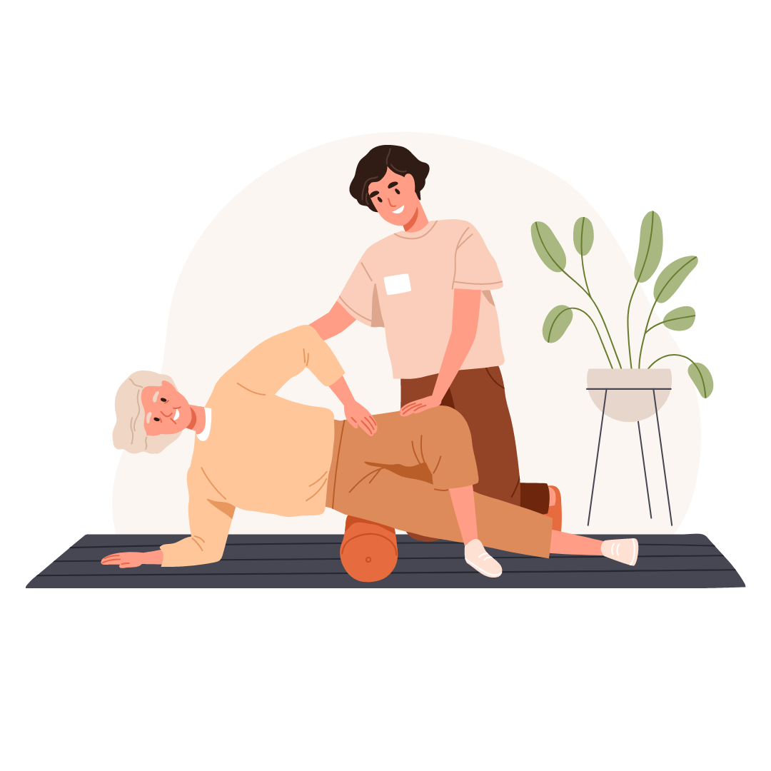 Physiotherapeut unterstützt eine Patientin bei einer Übung mit Faszienrolle